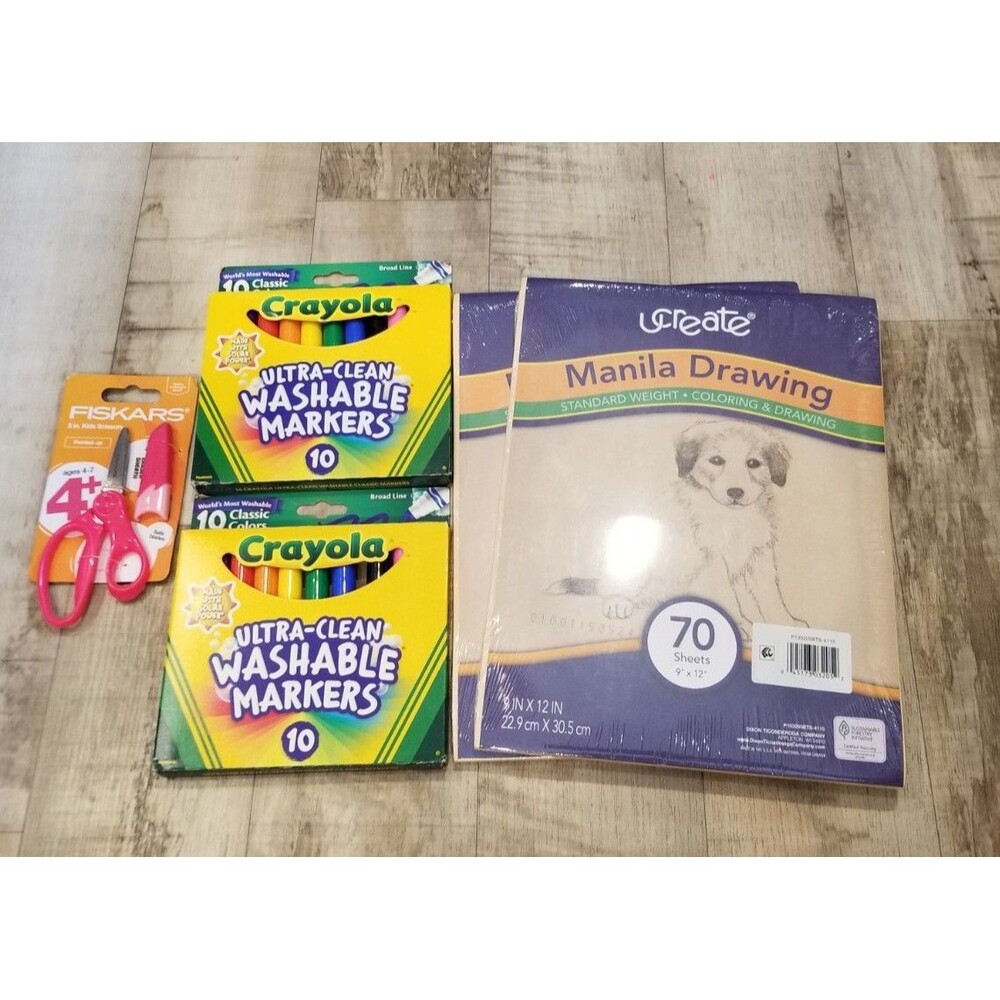 Lot Of 2x Crayola Markers Fiskars Scissors 2x Manilla Paper School Supplies